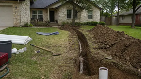 Trench for sewer line replacement at a West Austin home during professional sewer repair by Lantz Home Services in Central Texas