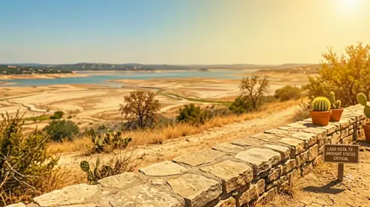 A sunny, arid landscape features a dry, cracked lakebed stretching into the distance. In the foreground, a stone wall holds potted cacti, and a sign warns: "LOOK OUT TO WATERFRONT TRAIL CAUTION."